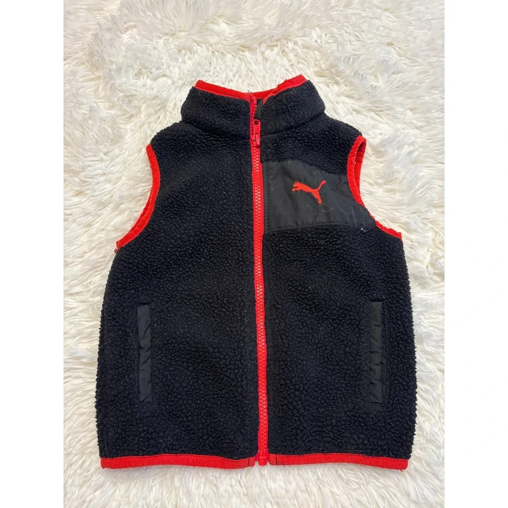 Puma Kids 3 Piece Set Sherpa Fleece Vest Red Long Sleeve Shirt Grey Joggers 3T